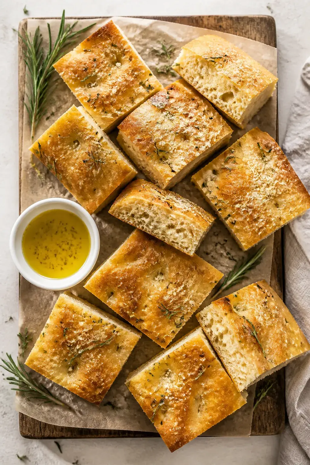 Overhead final presentation shot of sliced focaccia squares arranged on a rustic wooden board, brush