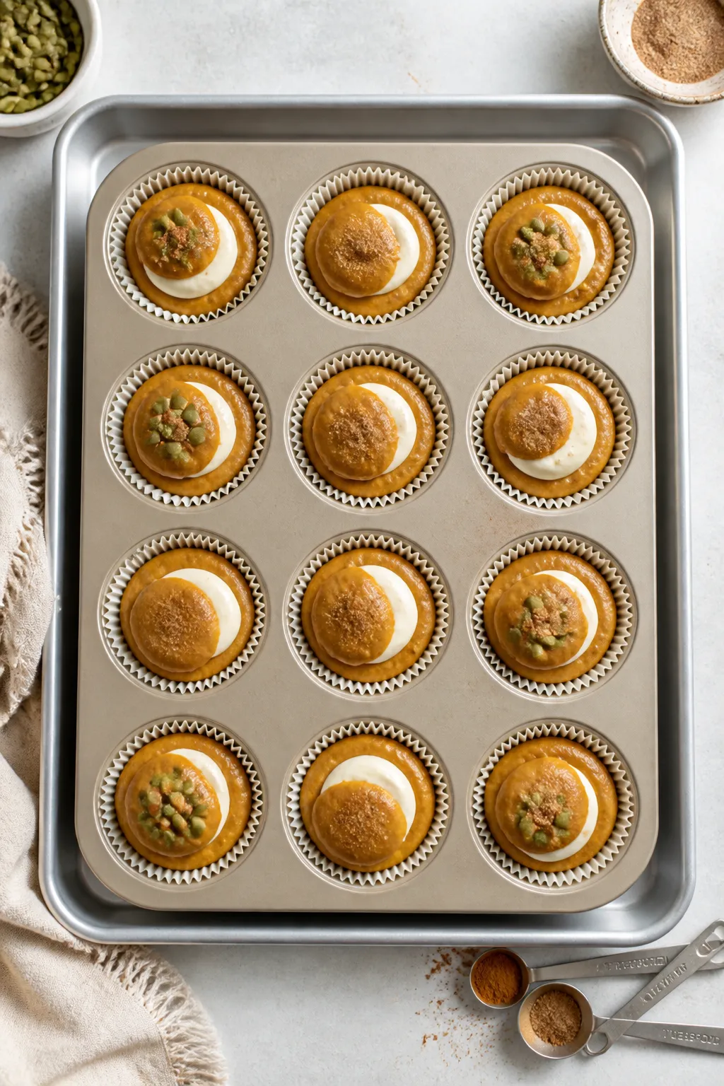 Overhead process shot of a lined 12-cup muffin pan on a clean baking sheet: each cup filled 3/4 full