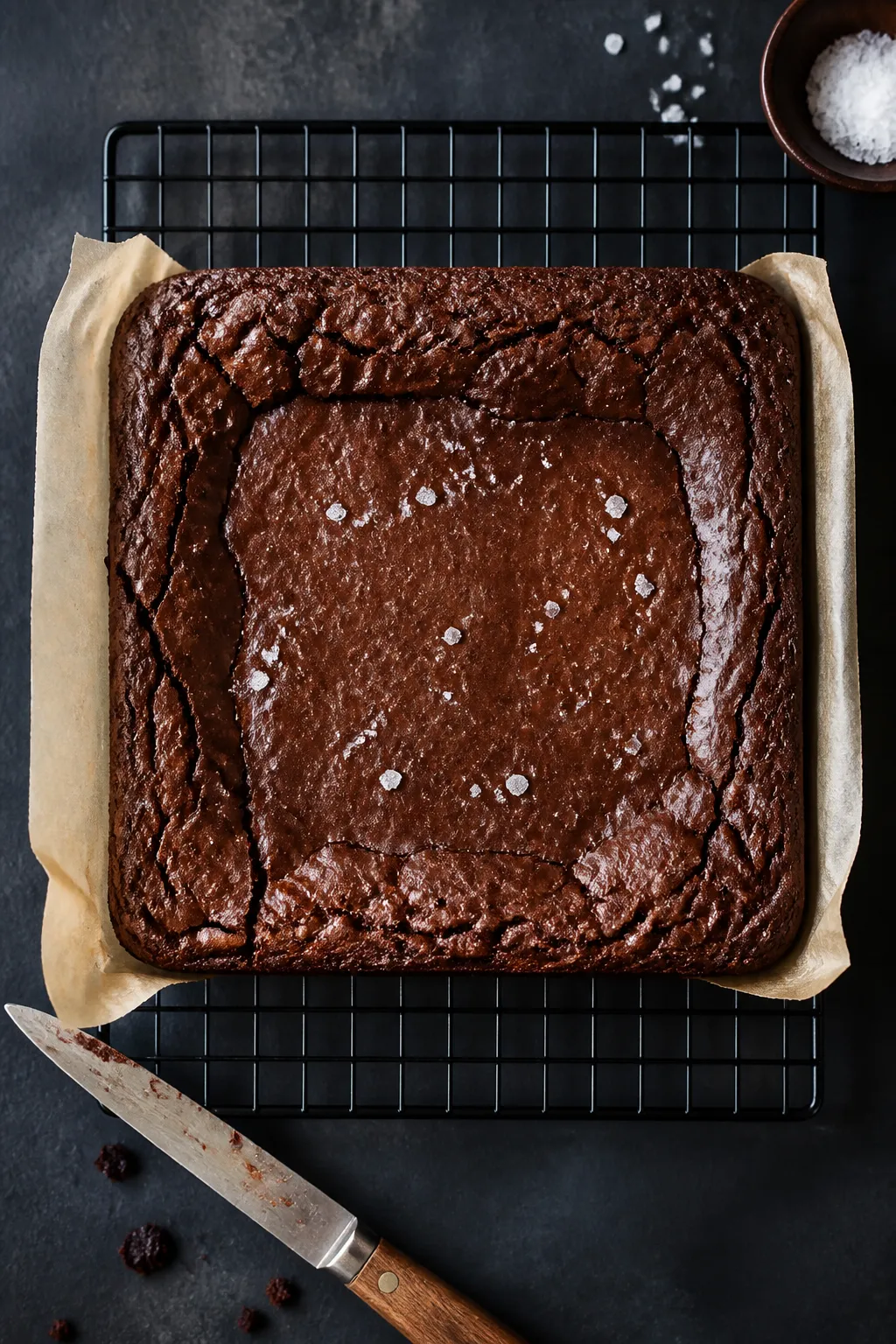 Overhead shot of a freshly baked 8x8 pan of fudgy keto brownies on a cooling rack, parchment overhan