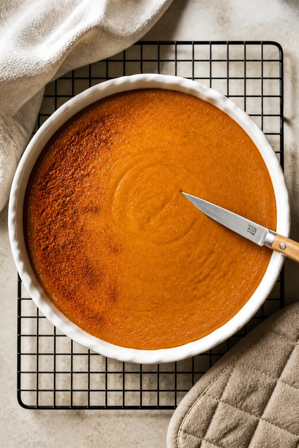 Overhead shot of a freshly baked crustless pumpkin pie just out of the oven, still in a greased 9-in