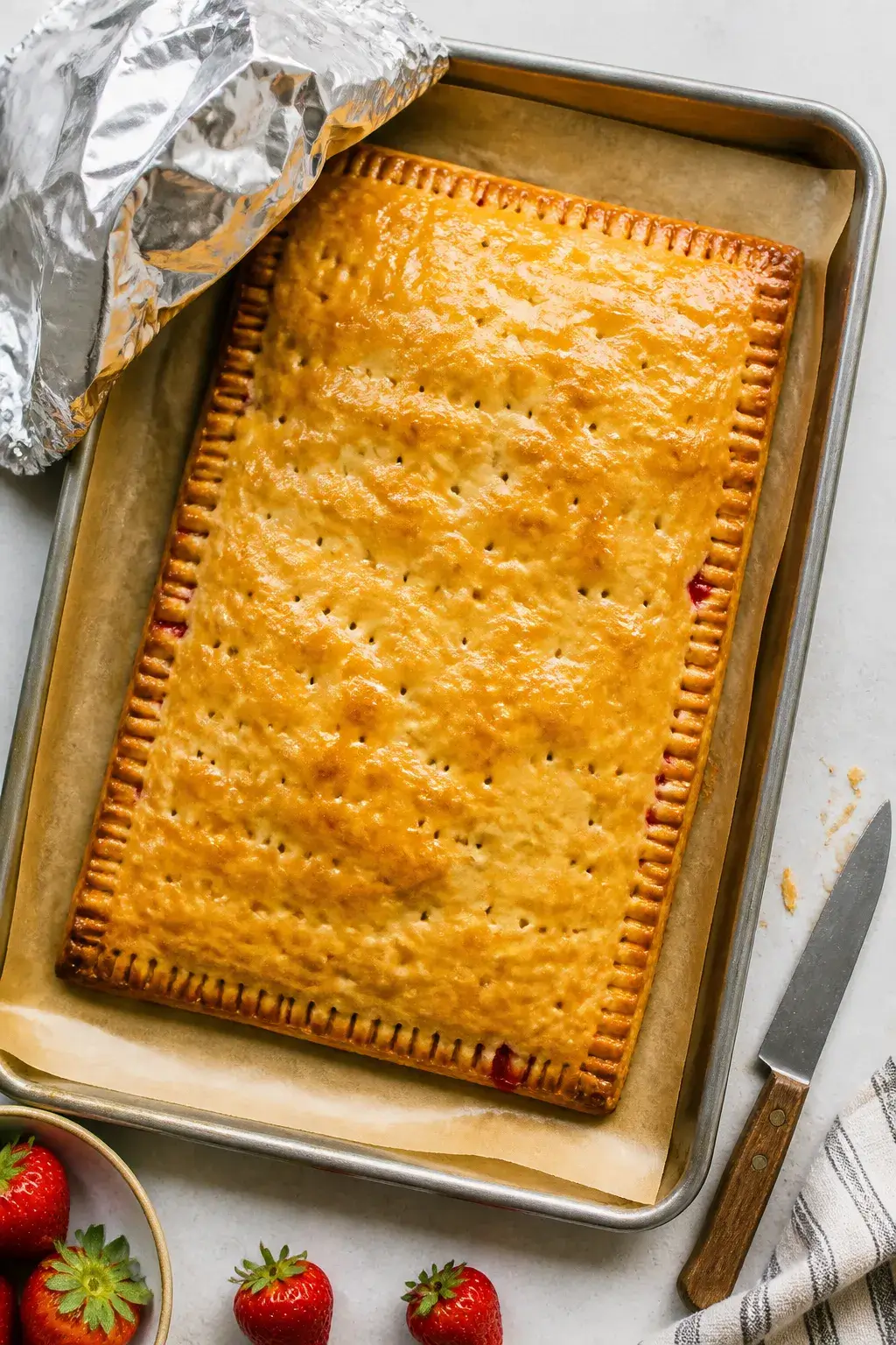 Overhead shot of a freshly baked strawberry sheet pan pop tart cooling on a parchment-lined quarter-