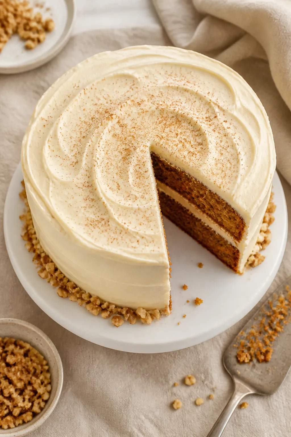 Overhead shot of a freshly frosted, two-layer gluten-free dairy-free carrot cake on a simple white c
