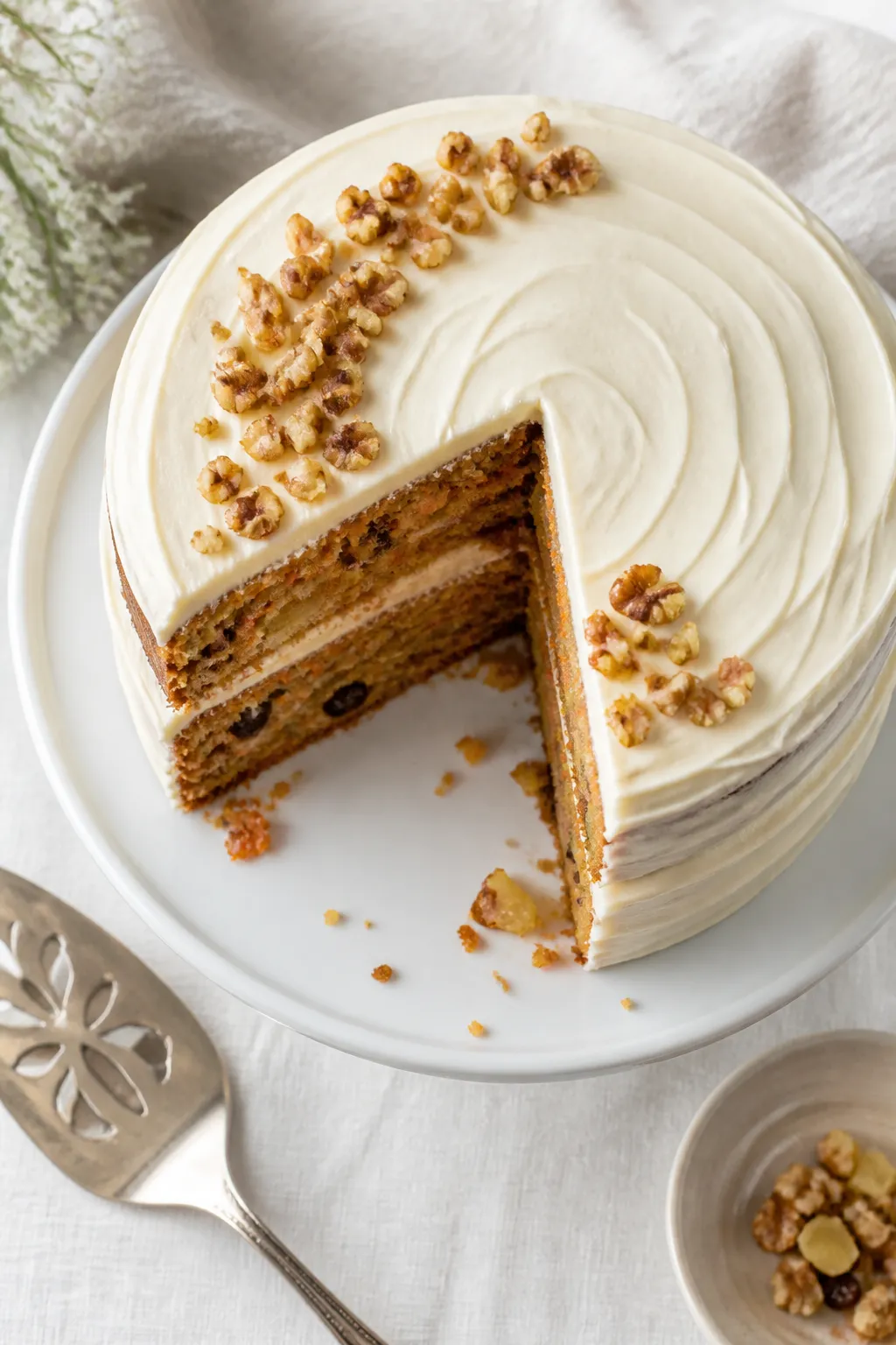 Overhead shot of a freshly frosted two-layer gluten free carrot cake on a white cake stand: smooth c