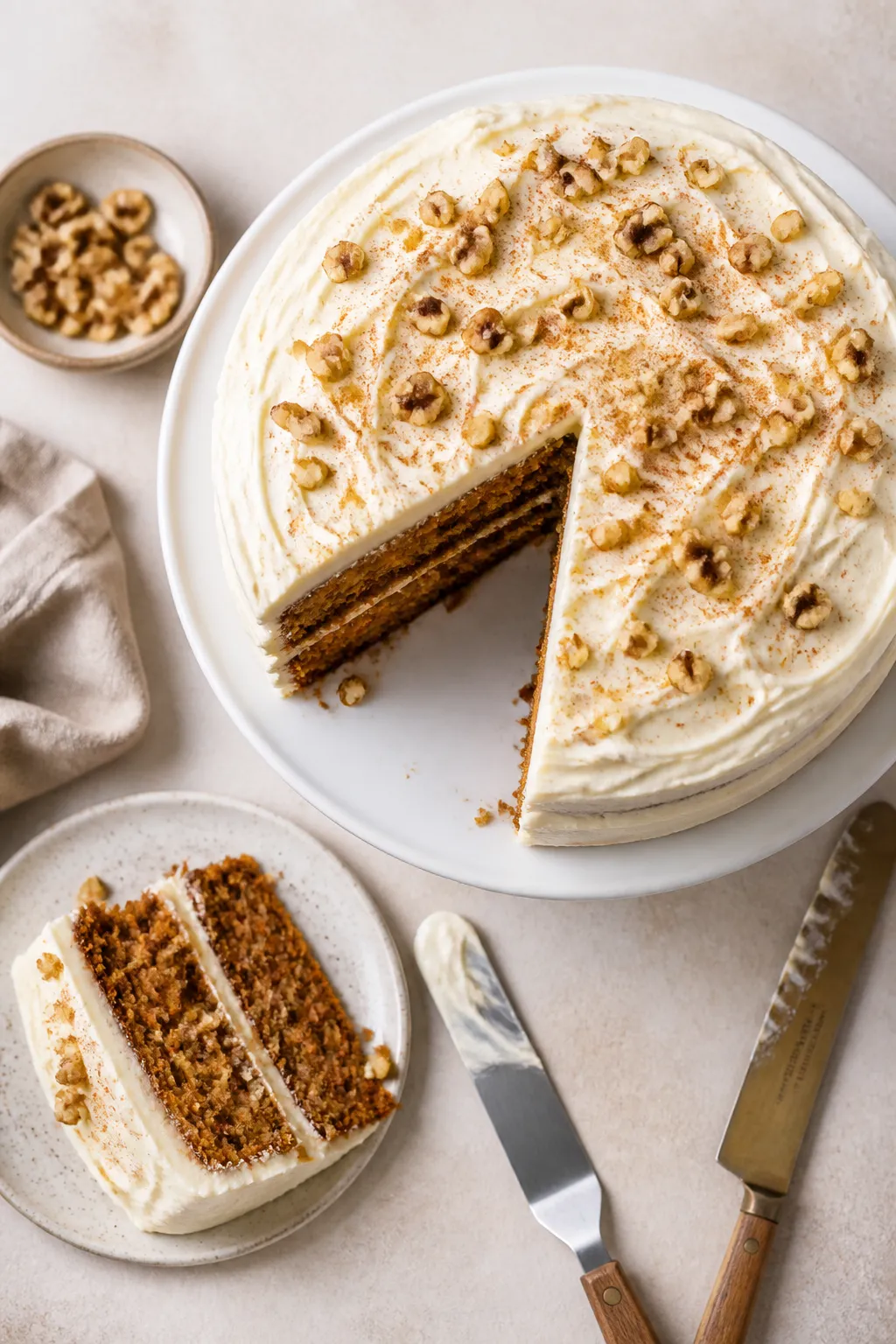 Overhead shot of a freshly frosted two-layer gluten-free carrot cake on a simple white cake stand, r
