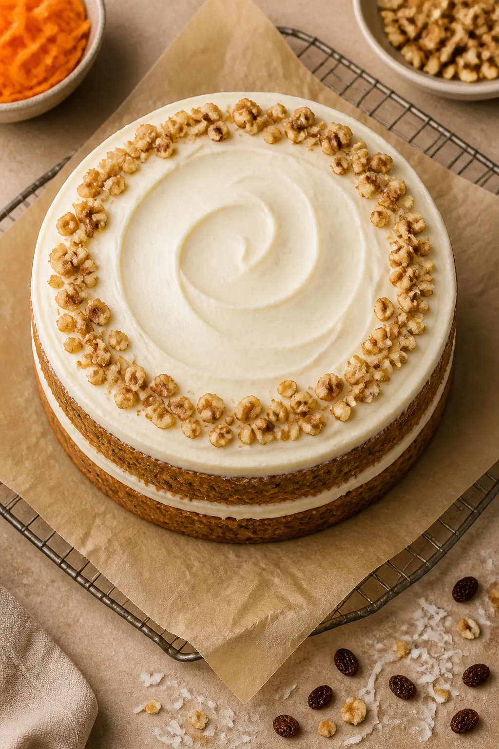 Overhead shot of a freshly frosted two-layer vegan gluten free carrot cake on a parchment-lined cool