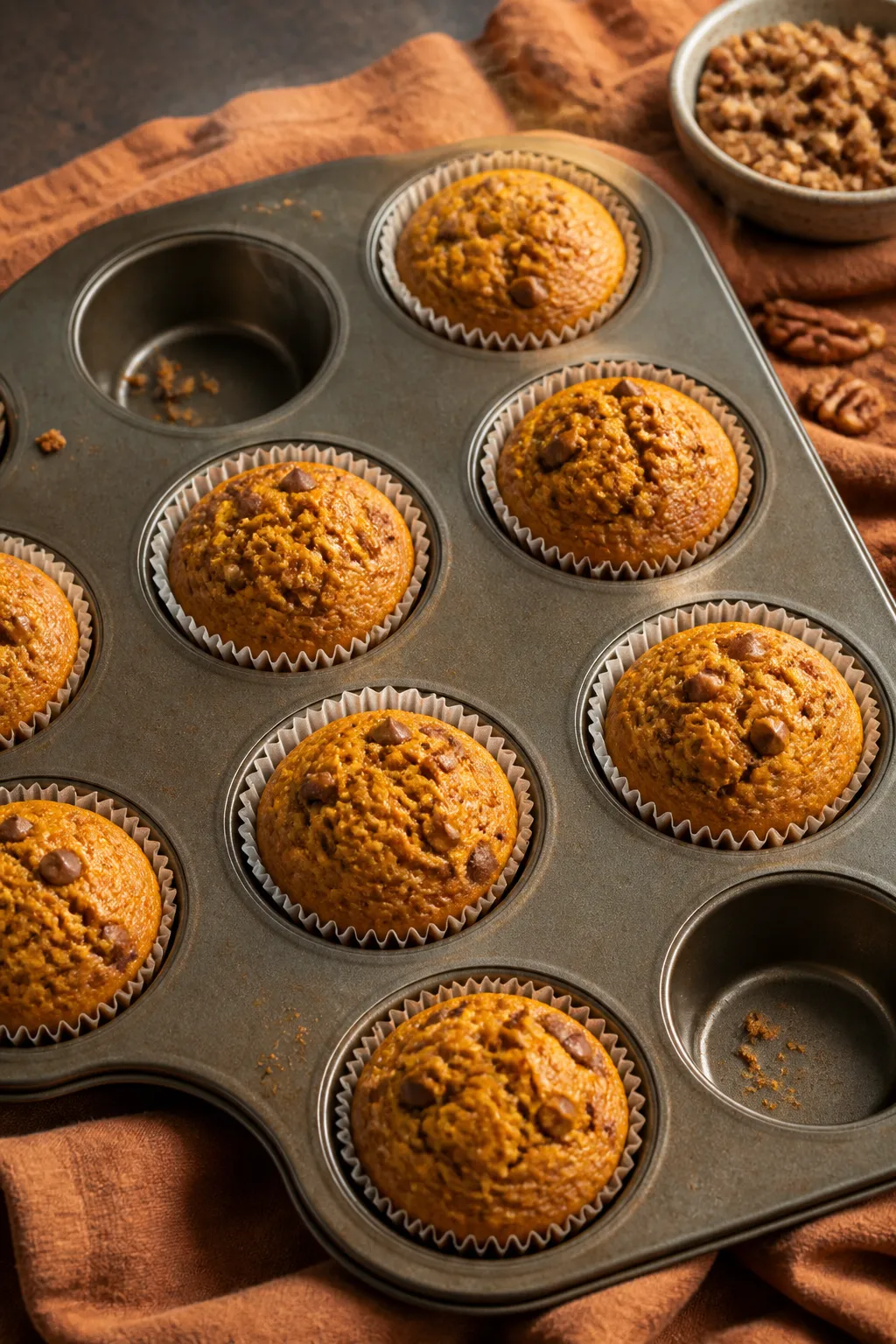 Overhead shot of dairy-free pumpkin muffins just out of the oven in a 12-cup muffin pan, golden dome