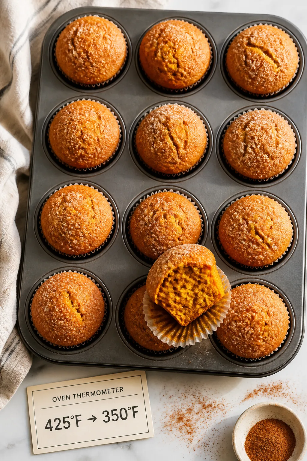 Overhead shot of freshly baked bakery-style pumpkin muffins cooling in a 12-cup muffin tin, each wit