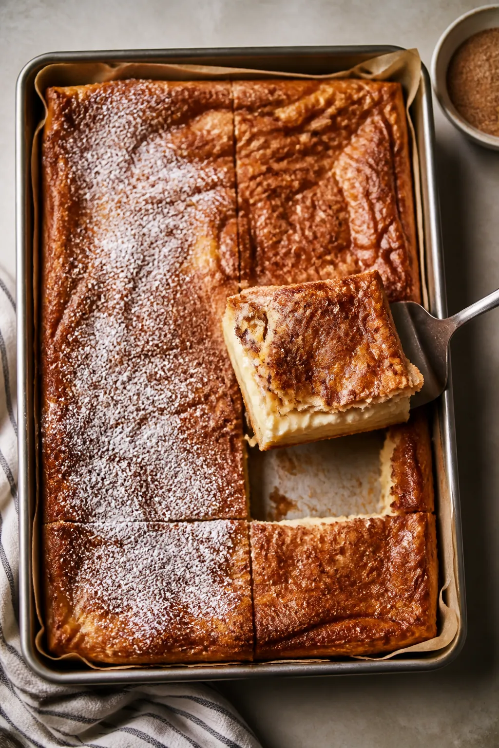 Overhead shot of freshly baked cinnamon cream cheese bars resting in a 9x13 metal baking pan lined w