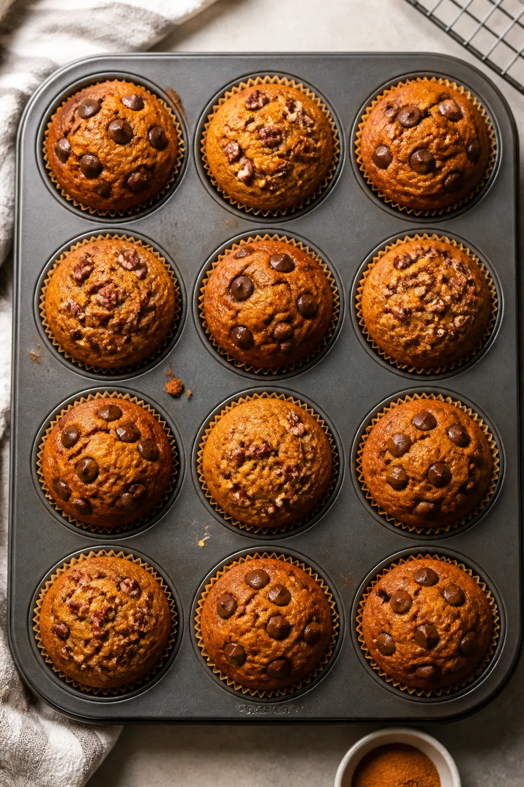 Overhead shot of freshly baked flourless pumpkin muffins cooling in a 12-cup tin, liners visible, do