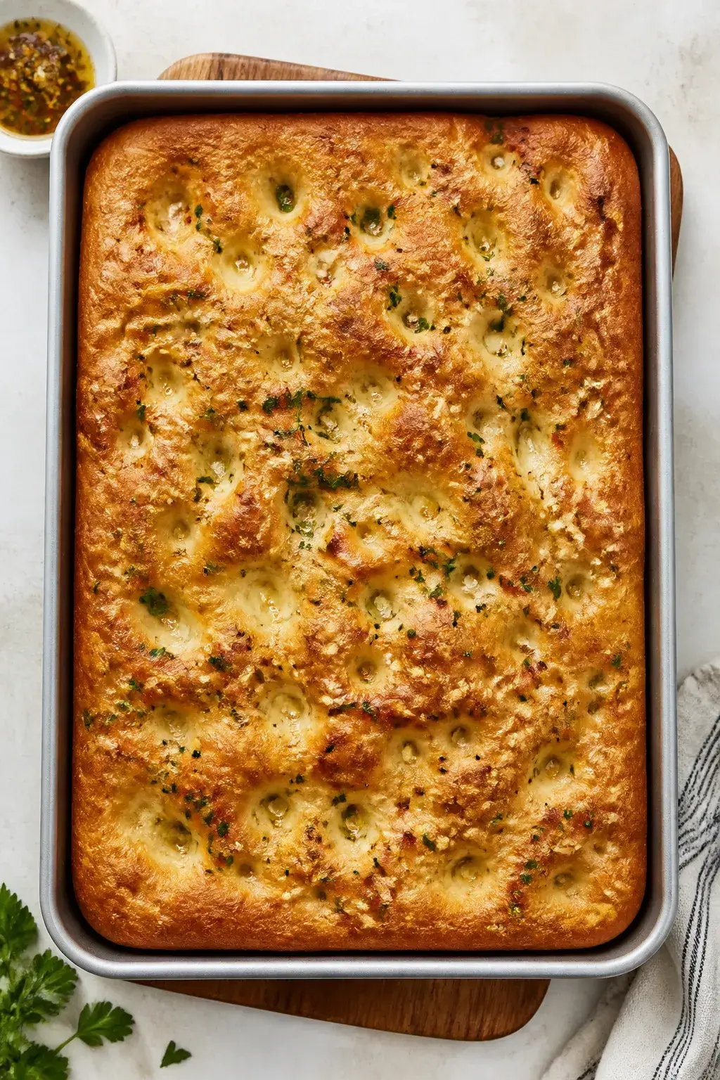 Overhead shot of freshly baked garlic bread focaccia just out of the oven in a 9x13 metal pan, deepl
