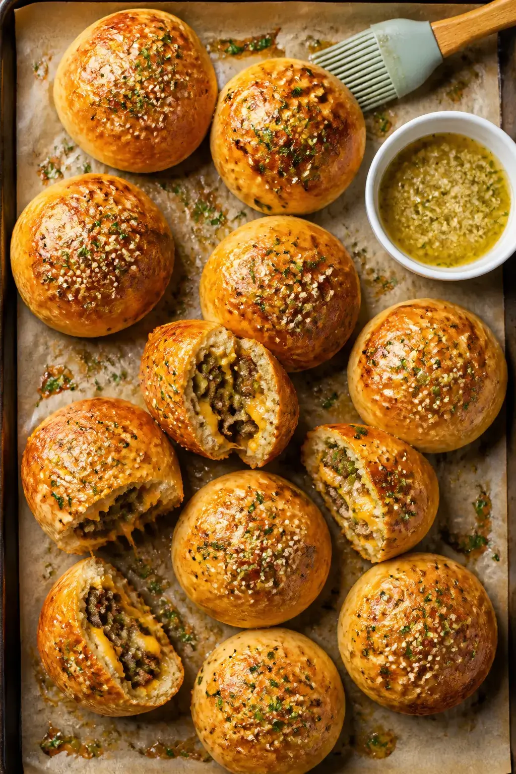 Overhead shot of freshly baked Garlic Parmesan Cheeseburger Bombs on a parchment-lined, preheated sh