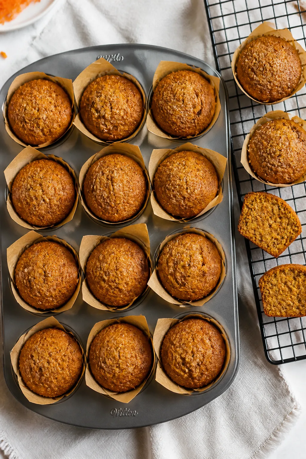 Overhead shot of freshly baked gluten-free carrot cake muffins resting in a lined 12-cup muffin tin 