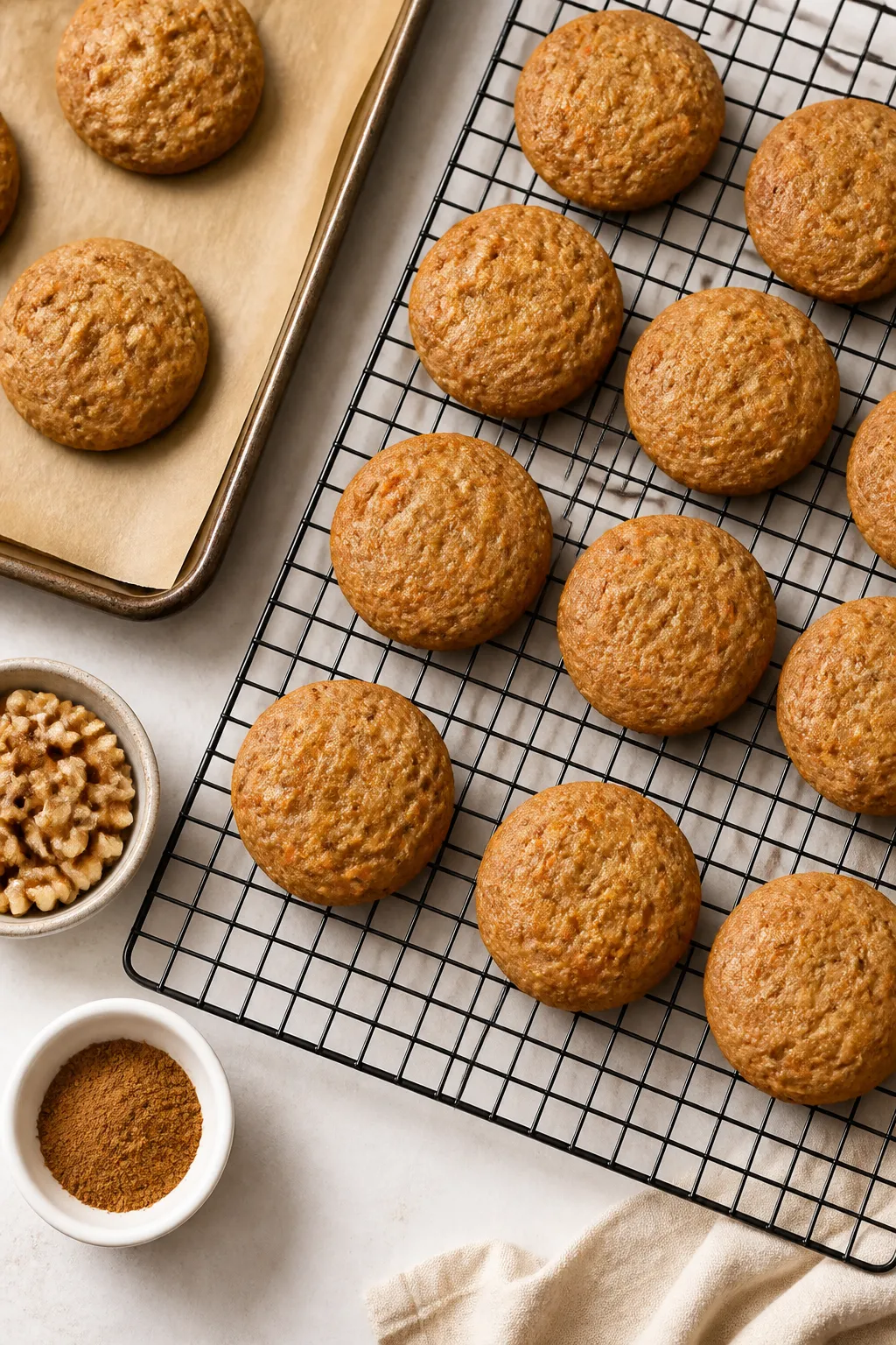 Overhead shot of freshly baked gluten free carrot cake cookies cooling on a wire rack, unfrosted and
