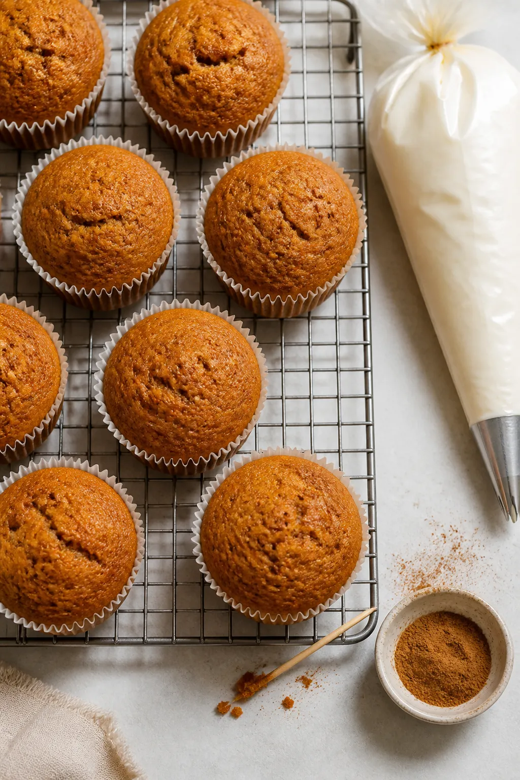 Overhead shot of freshly baked gluten free carrot cake cupcakes cooling on a wire rack, unfrosted do