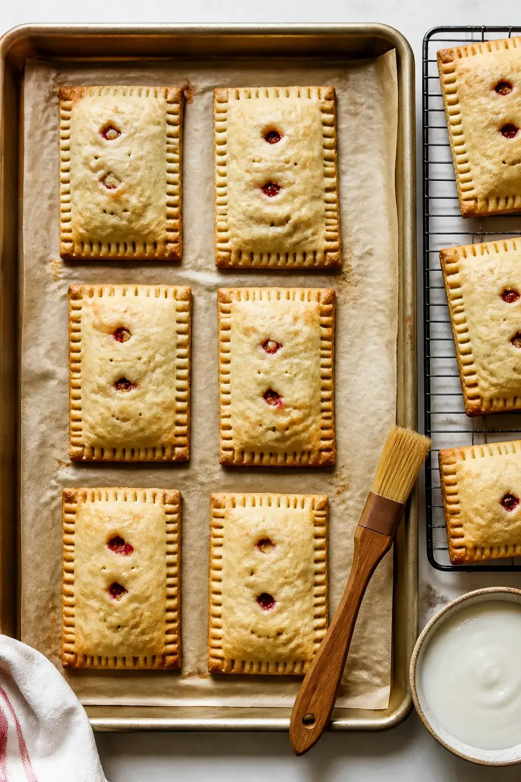 Overhead shot of freshly baked gluten free strawberry pop tarts on a parchment-lined sheet pan, gold