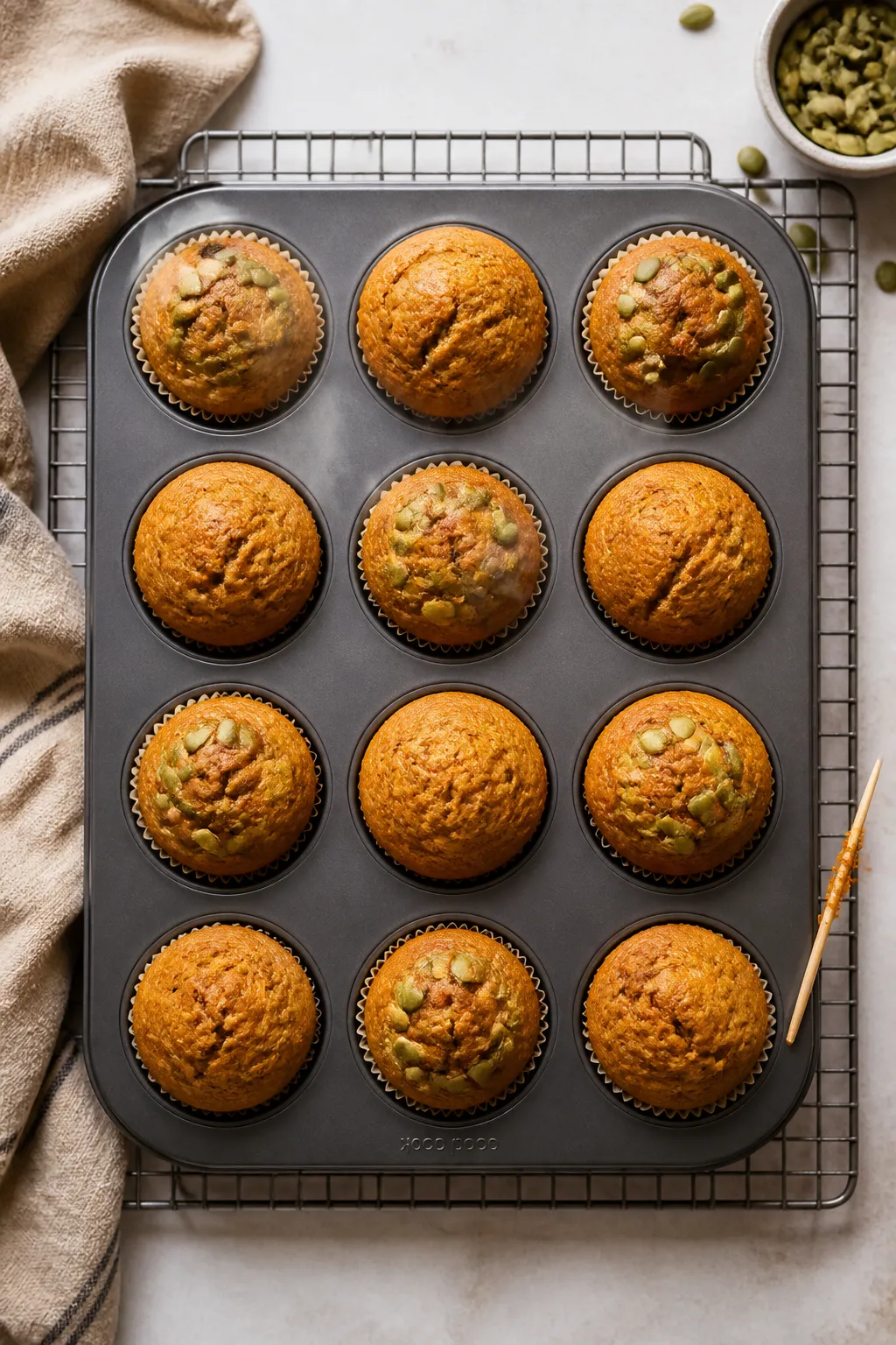 Overhead shot of freshly baked healthy pumpkin muffins cooling in a 12-cup muffin tin on a wire rack