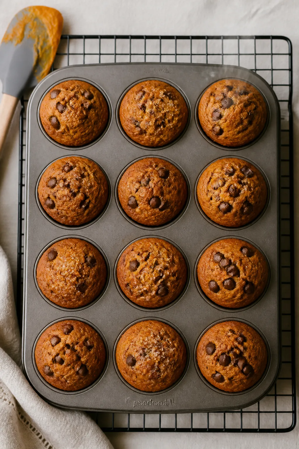 Overhead shot of freshly baked high-protein pumpkin muffins cooling in a metal muffin tin on a wire