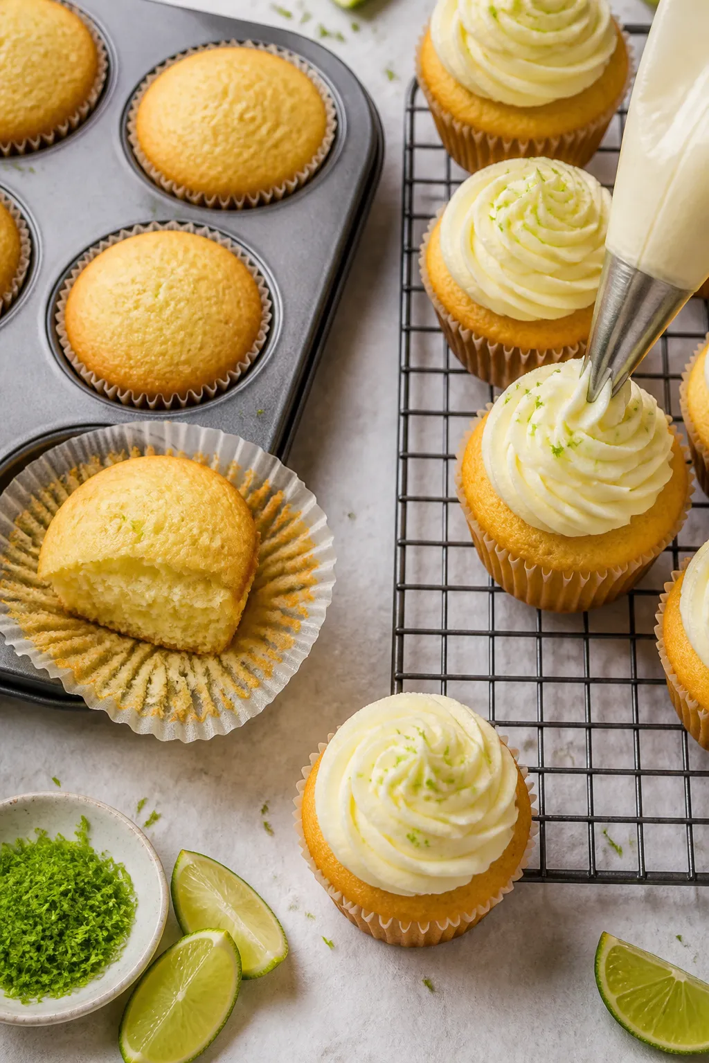 Overhead shot of freshly baked key lime cupcakes still in the muffin pan and a cooling rack beside i