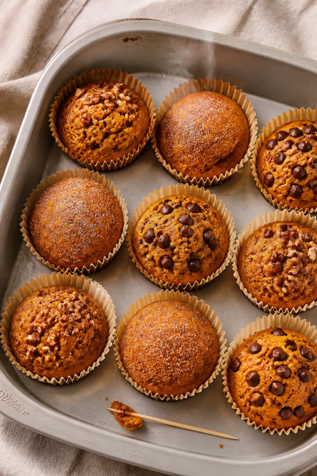 Overhead shot of freshly baked low carb pumpkin muffins still in the tin, golden tops just set with 