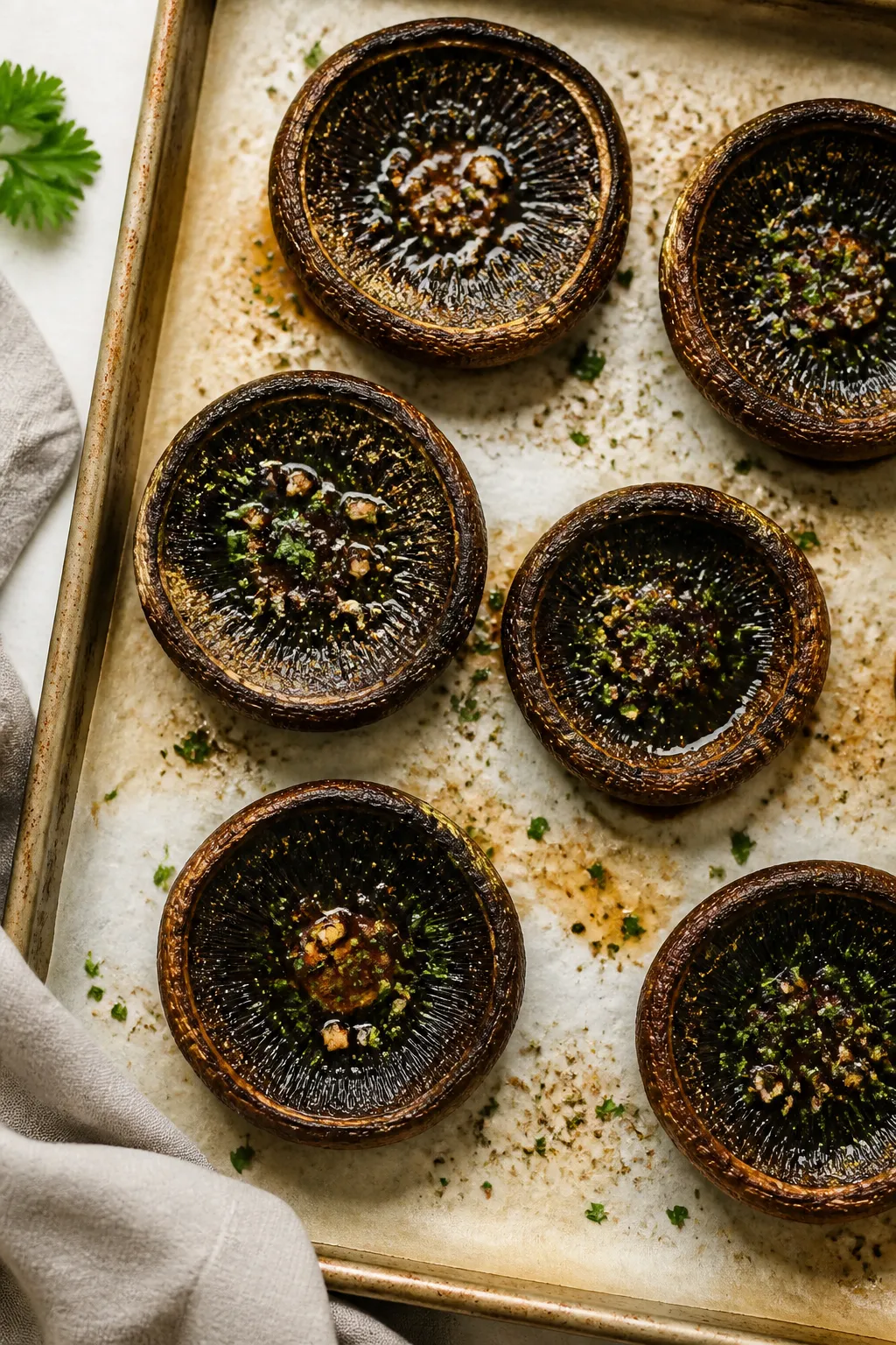 Overhead shot of freshly baked portobello mushroom caps on a parchment-lined sheet pan, gill-side up