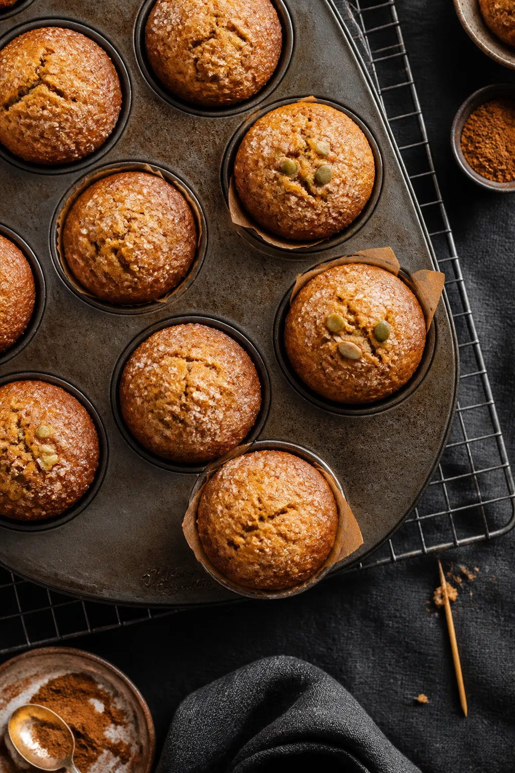 Overhead shot of freshly baked pumpkin muffins cooling in their tin on a wire rack, domed tops sprin