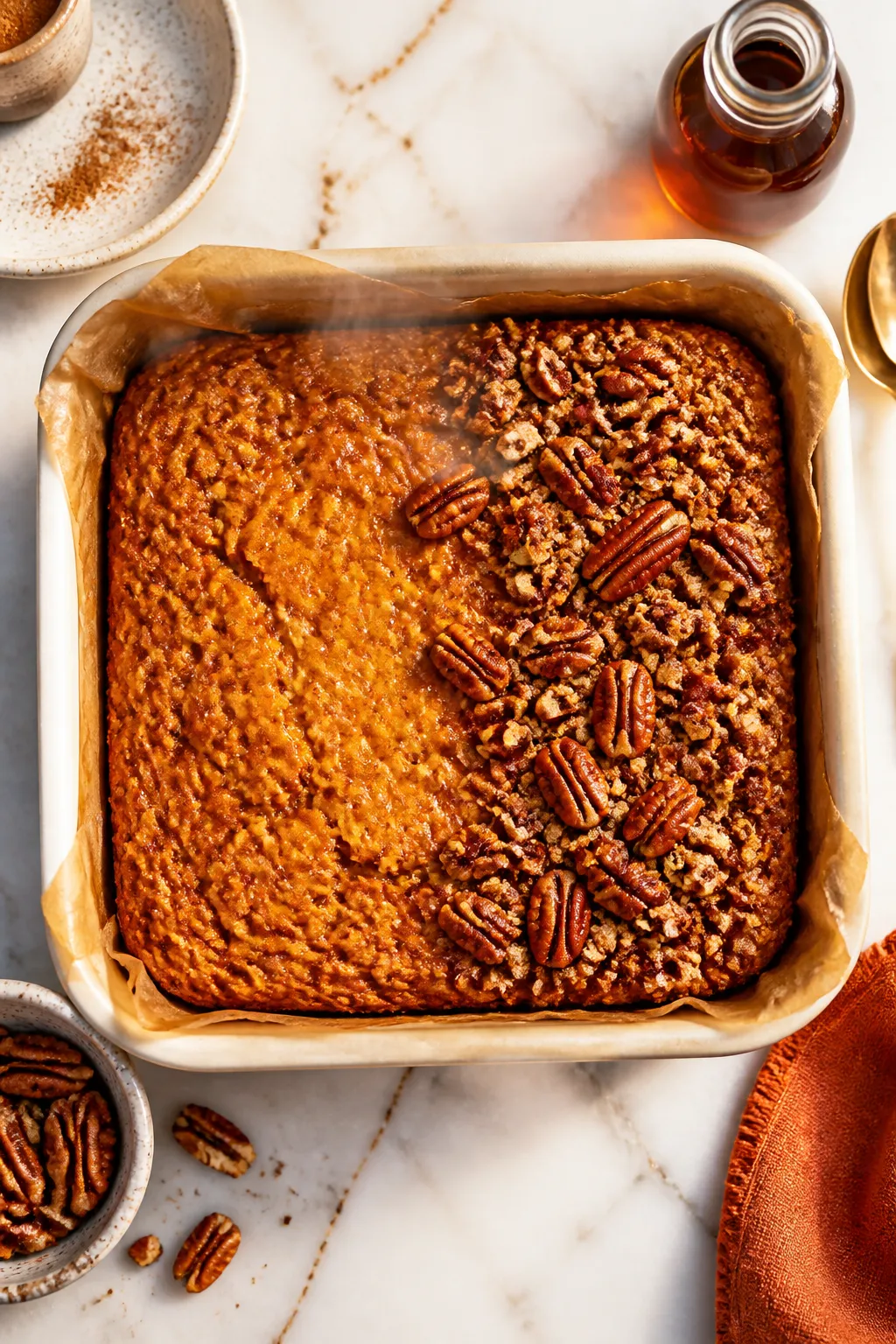 Overhead shot of freshly baked pumpkin pie oatmeal just out of the oven in an 8x8 parchment-lined di