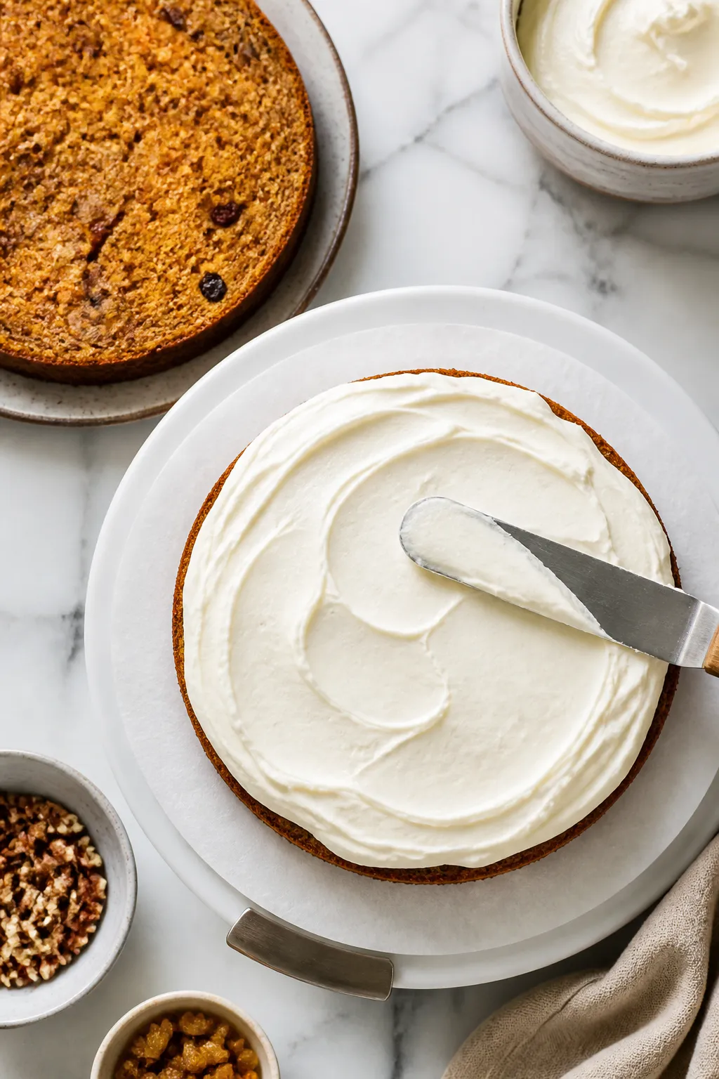 Overhead shot of freshly frosted gluten-free carrot cake layer being assembled on a turntable: one 8