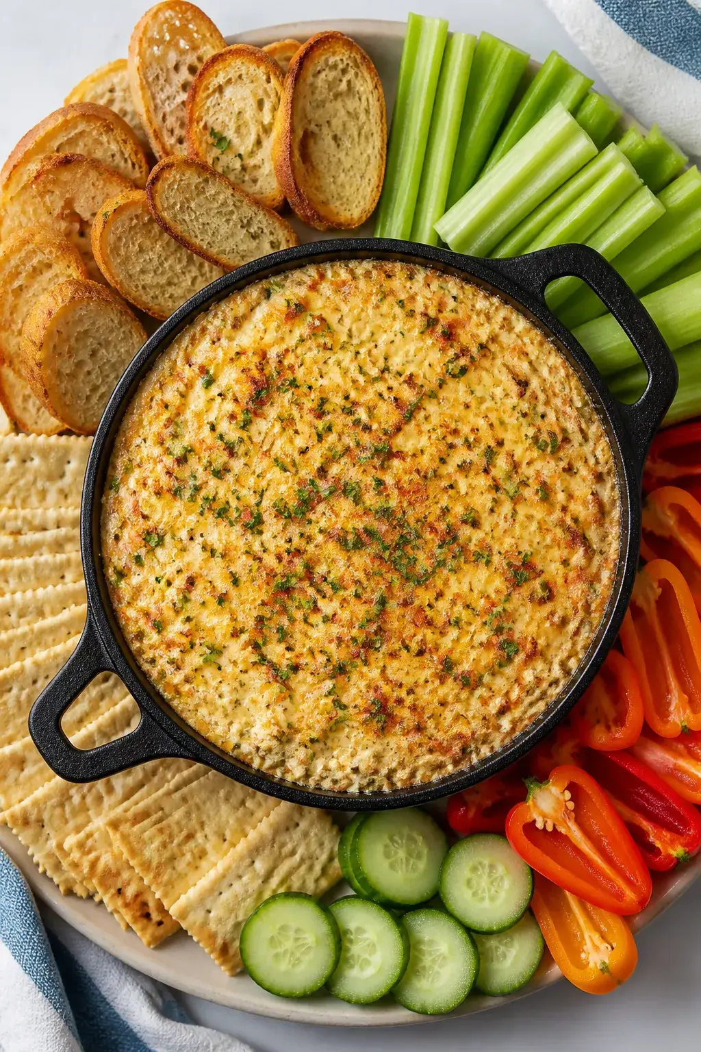Overhead shot of hot crab dip just out of the oven in a small cast-iron skillet: bubbling edges, lig