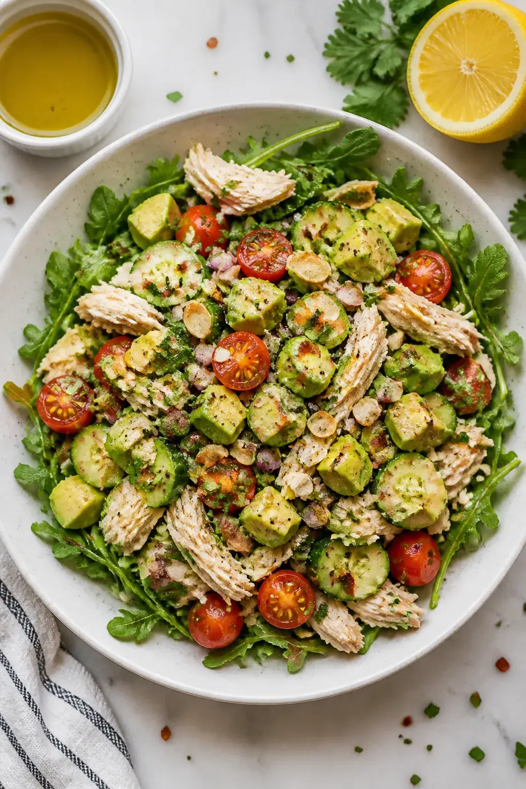 Overhead shot of the finished Chicken Avocado Salad piled onto a white shallow bowl: juicy shredded