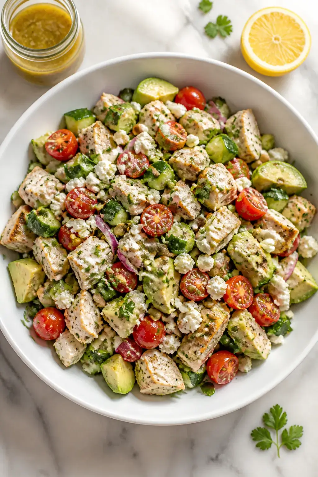 Overhead shot of the finished Chicken Cucumber Avocado Salad in a wide, shallow white bowl: juicy ch