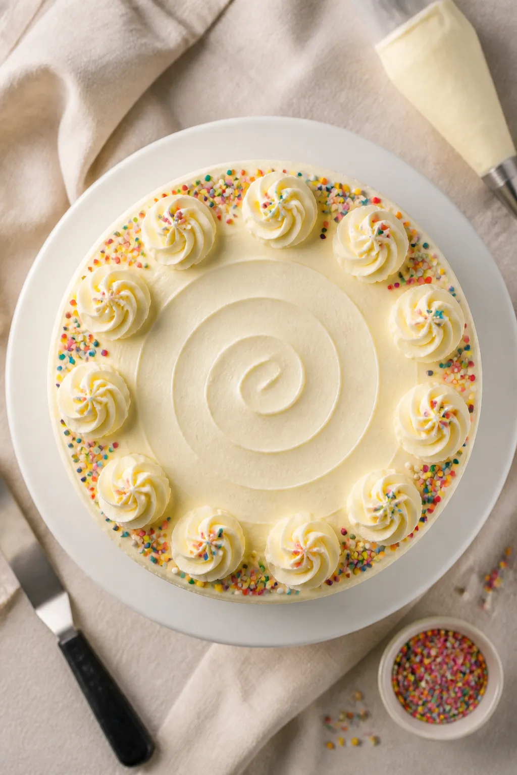 Tasty top view and final presentation: Overhead shot of a single-layer 9-inch vanilla cake smoothly