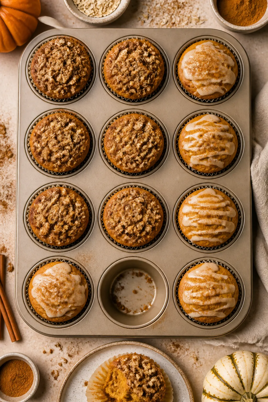 Tasty top view, final presentation: Overhead shot of a 12-cup muffin tin filled with evenly risen pu