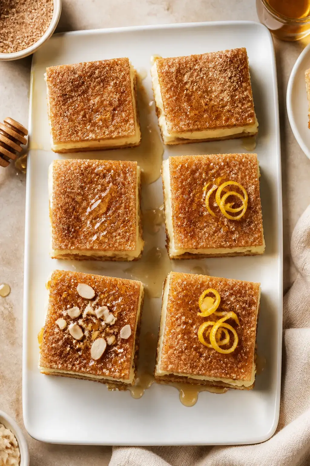 Tasty top view final presentation: Overhead shot of neat bar squares of sopapilla cheesecake arrange