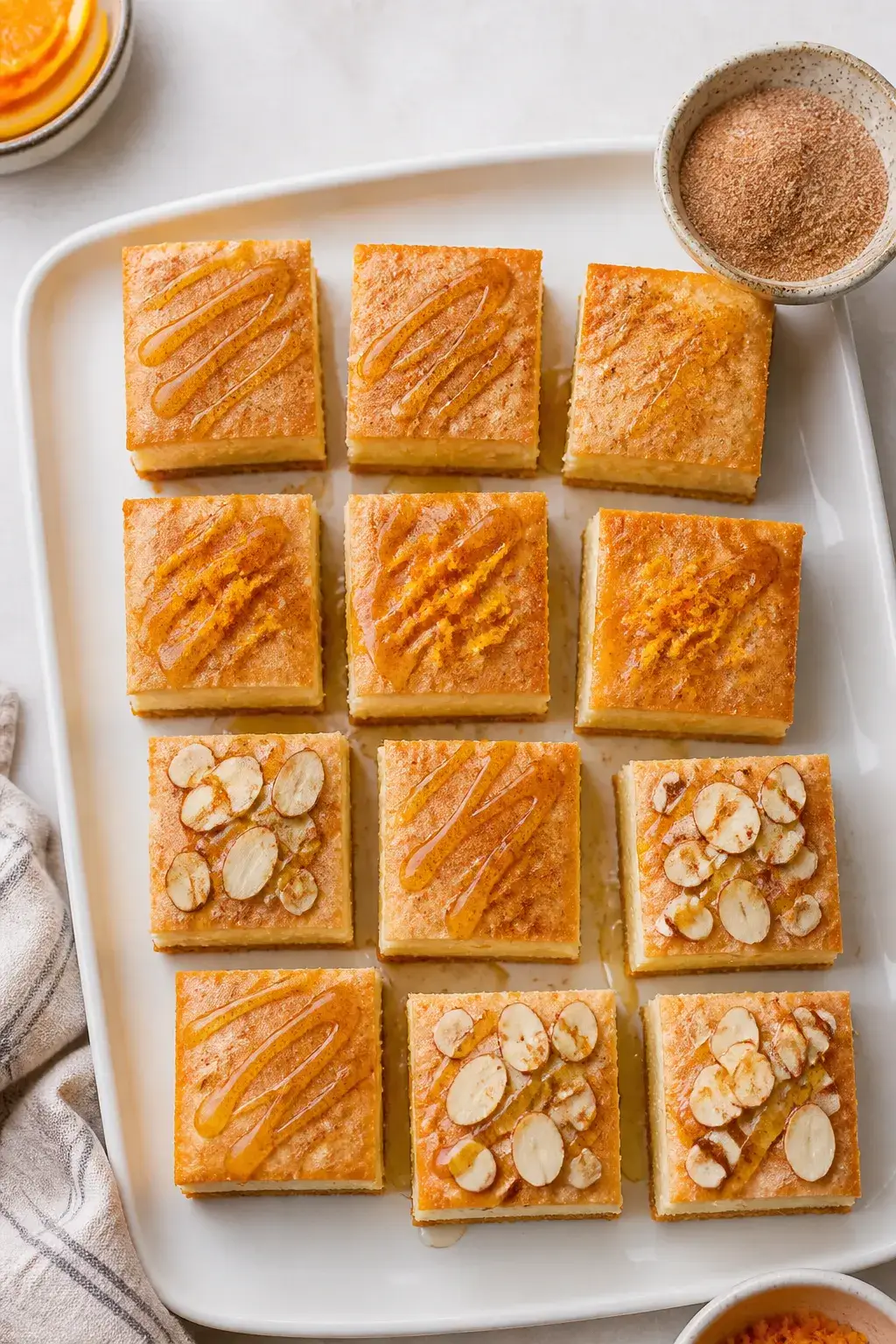 Tasty top-view final presentation: Overhead shot of neatly cut sopapilla cheesecake squares arranged