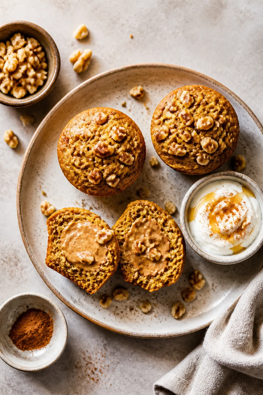 Tasty top view: Overhead shot of a breakfast scene featuring whole-grain pumpkin muffins on a simple