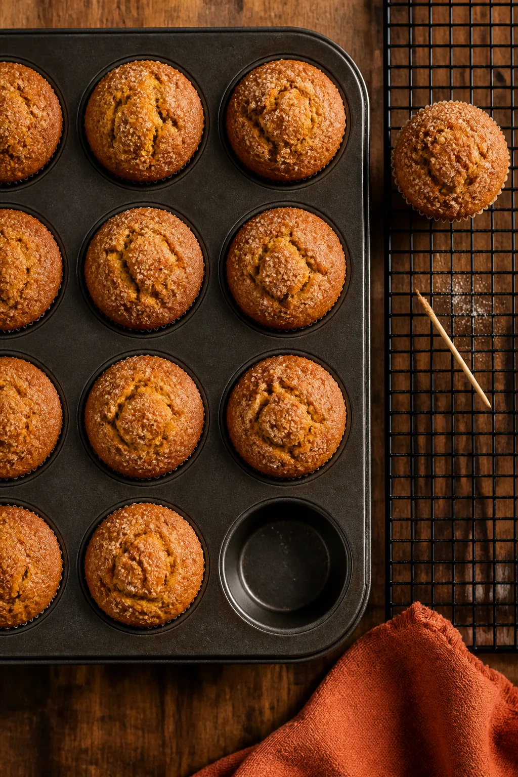 Tasty top view, process-in-action: Overhead shot of a 12-cup muffin tin fresh from the oven with dom