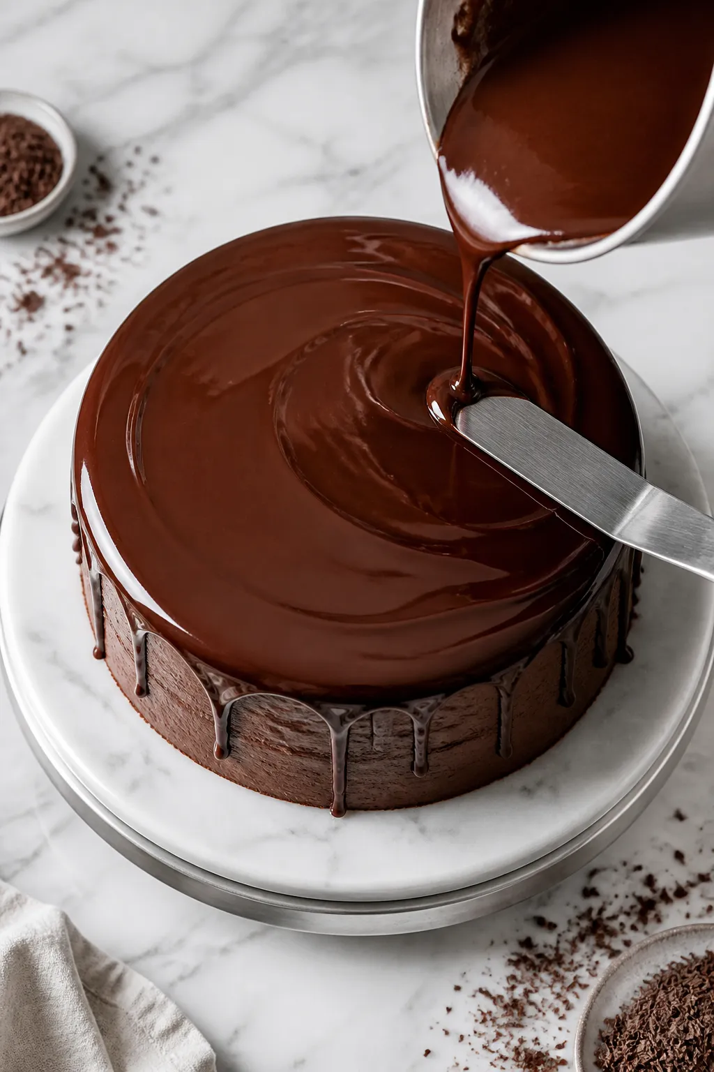 Tasty top view, process moment: Overhead shot of the assembled, chilled cake as warm ganache is bein