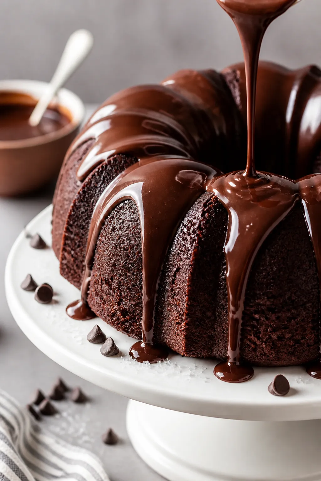 Close-up, three-quarter angle of the cooled Bundt being finished with the optional chocolate glaze: 