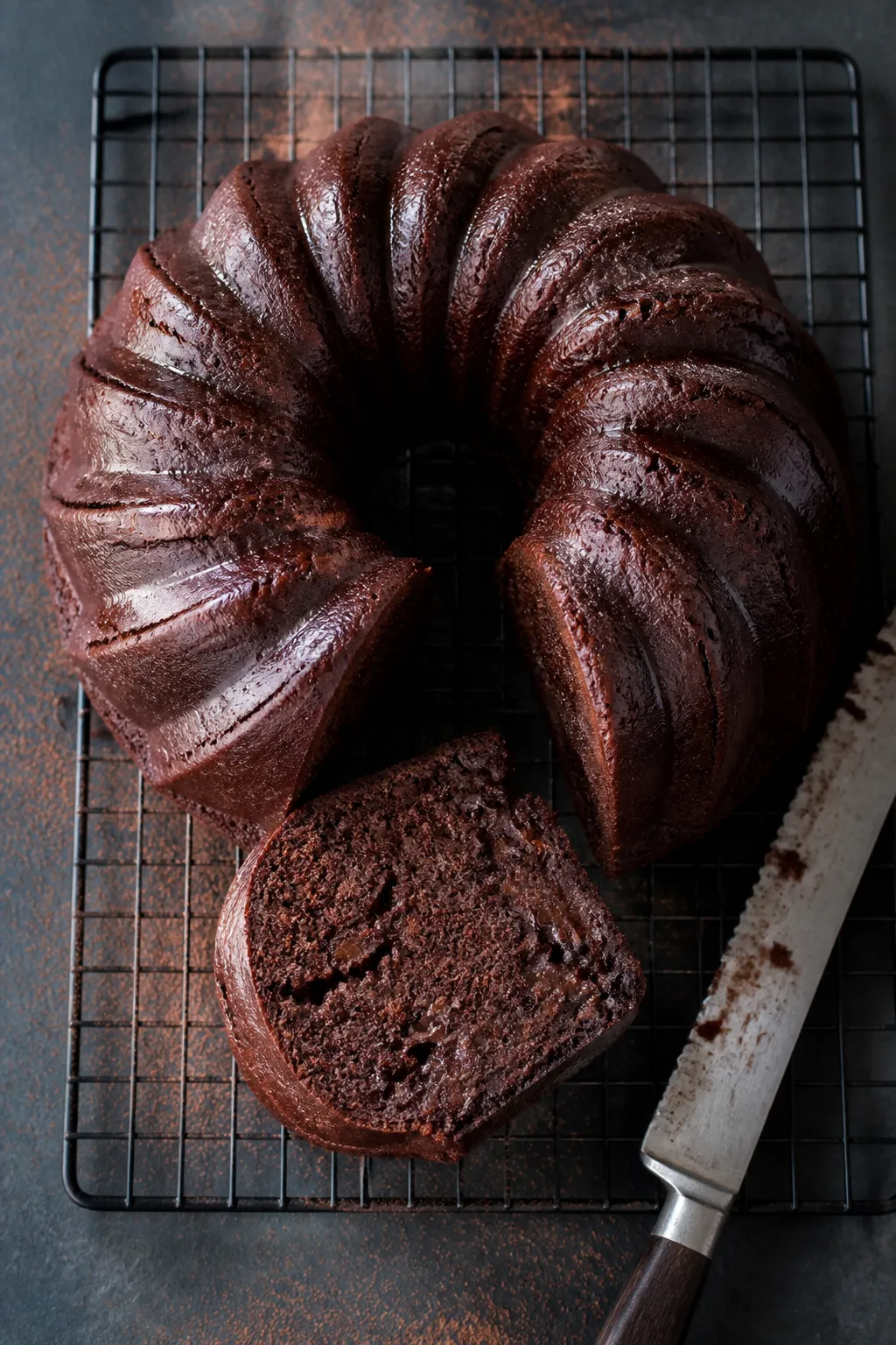Overhead shot of a freshly baked chocolate Bundt cake just turned out onto a wire rack, no pan in si